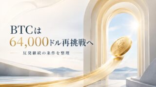 BTCが64,000ドル台への再挑戦を目指す様子を、上昇するビットコインと明るいゲートで表現したアイキャッチ画像
