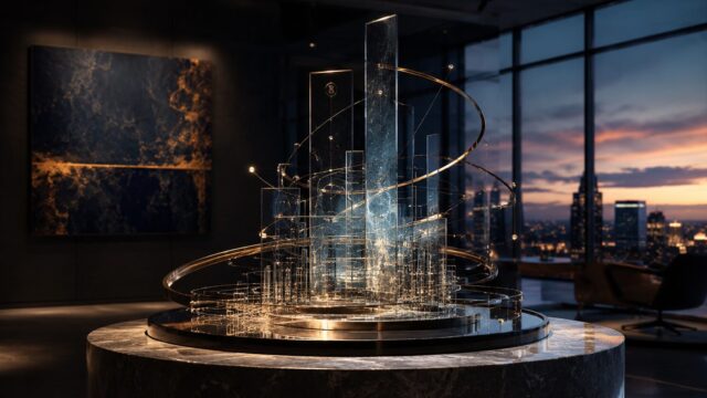 夜景を望むラグジュアリー空間に展示された、資金フローと市場構造を表現する未来的なサイバーアート