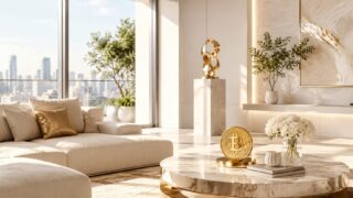 明るいラグジュアリーなリビングに置かれた金色のビットコイン。BTCが64,000ドル台を維持し、ETF流入や地政学リスクを背景に反発の質を確認する市場分析を表現した画像。