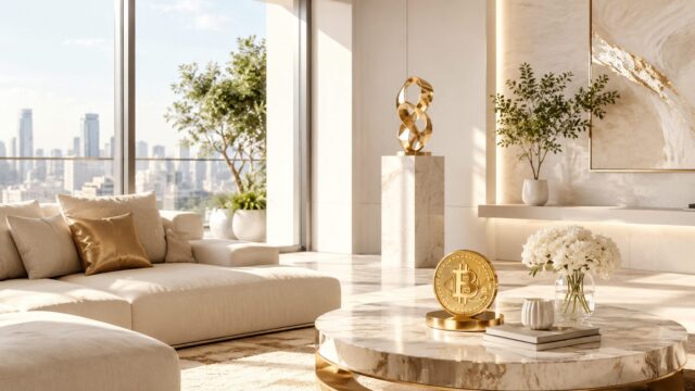 明るいラグジュアリーなリビングに置かれた金色のビットコイン。BTCが64,000ドル台を維持し、ETF流入や地政学リスクを背景に反発の質を確認する市場分析を表現した画像。