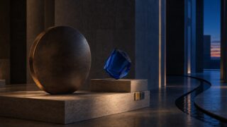 薄暮の石造ギャラリーに置かれた黒銅の円盤と青いガラス彫刻が、BTCの安定感とETHの相対的な強さを象徴する