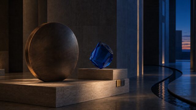 薄暮の石造ギャラリーに置かれた黒銅の円盤と青いガラス彫刻が、BTCの安定感とETHの相対的な強さを象徴する