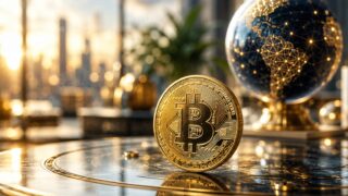 世界の金融ネットワークを表現した地球儀と金色のビットコイン。BTC価格、ETF流入、RWA拡大、地政学リスクを振り返る暗号資産市場の週間まとめを表現した画像。
