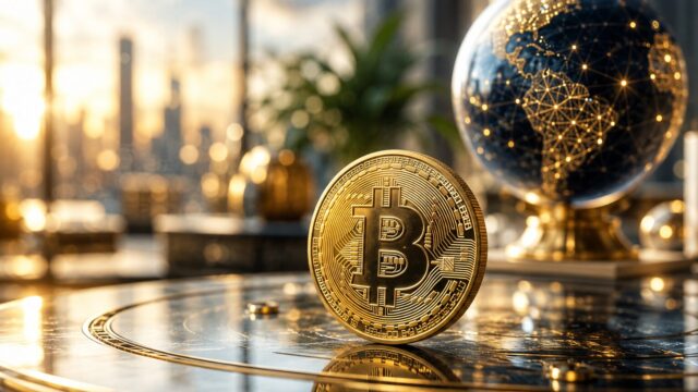 世界の金融ネットワークを表現した地球儀と金色のビットコイン。BTC価格、ETF流入、RWA拡大、地政学リスクを振り返る暗号資産市場の週間まとめを表現した画像。