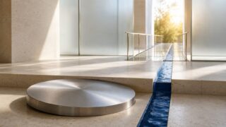 明るい石造空間に置かれた金属円盤と、細い青い水路、奥へ続くガラス橋でBTCの価格調整とオンチェーン金融の進展を表現した画像