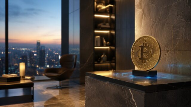 夜景を望む高級ラウンジにビットコインが飾られ、暗号資産市場の底打ち確認と資金フローを表現したアイキャッチ画像