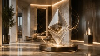 大理石のラグジュアリー空間に展示された、資金集中を表現する透明なイーサリアムのサイバーアート