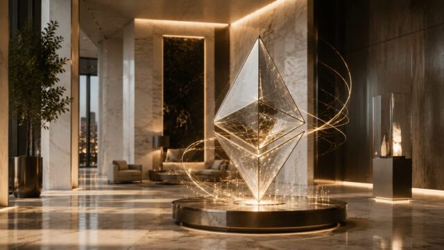 大理石のラグジュアリー空間に展示された、資金集中を表現する透明なイーサリアムのサイバーアート