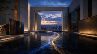 黄昏の街並みを望む現代建築の水庭で、青と金の光の流れが静かに交わるアイキャッチ画像