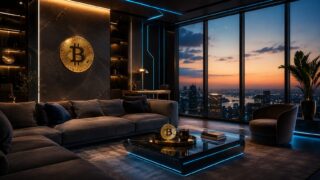 夜景を望む高級ラウンジにビットコインが飾られ、暗号資産市場の反発と資金の流れを表現したアイキャッチ画像