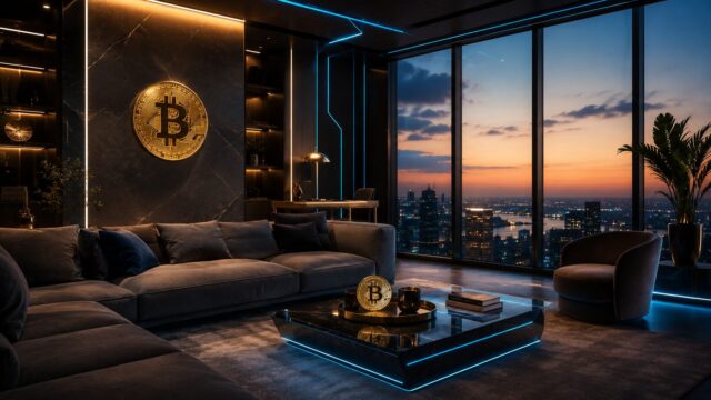 夜景を望む高級ラウンジにビットコインが飾られ、暗号資産市場の反発と資金の流れを表現したアイキャッチ画像