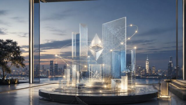 夜景を望むラグジュアリー空間に展示された、ETF・Ethereum・RWAの資金ネットワークを表す透明なサイバーアート