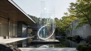 和モダン庭園の水盤に設置された、資金フローを表現する透明なサイバーアート
