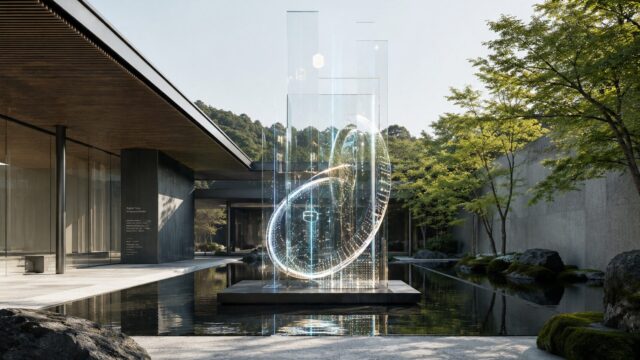 和モダン庭園の水盤に設置された、資金フローを表現する透明なサイバーアート