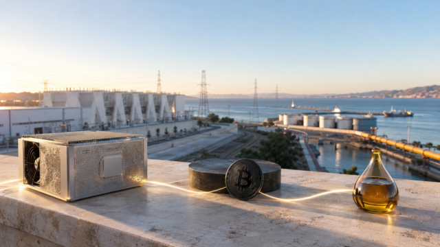 早朝の港湾を背景に、AIチップ、ビットコイン、原油を光で結んだ市場