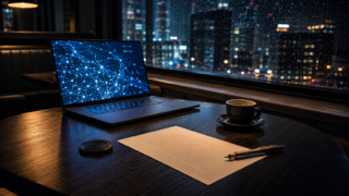 雨の夜景を望むカフェのテーブルに、AIネットワークを映すノートPCと黒いコイン、書類、コーヒーが置かれた様子