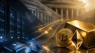 米国債市場とAIデータセンターを背景に、金・ビットコイン・イーサリアムへ資金が向かう市場の変化を表現したイメージ