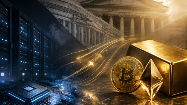 米国債市場とAIデータセンターを背景に、金・ビットコイン・イーサリアムへ資金が向かう市場の変化を表現したイメージ