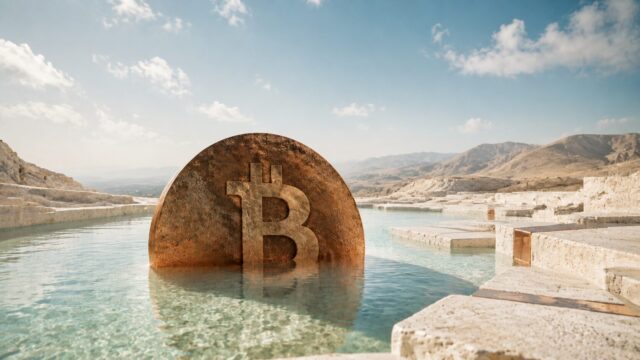 白い岩山と透明な浅瀬の中から半分だけ浮上する銅色のビットコインモニュメント