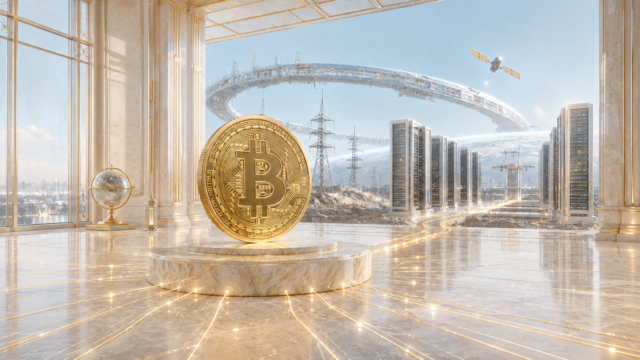 明るいアイボリーと淡いブルーの空間に、ビットコイン、AIサーバー、電力網、宇宙インフラを配置した未来的なイメージ