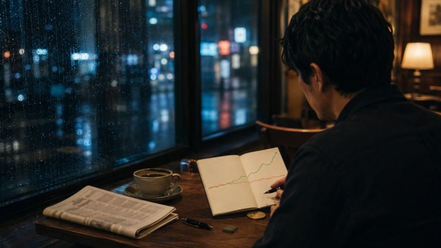 雨の夜の喫茶店で、株価上昇とBTC停滞を示すグラフをノートに描き、市場を分析する人物