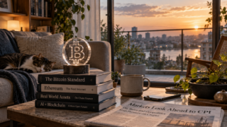 夕暮れの都市を望むリビングで、ビットコインの光るオブジェと暗号資産・RWA・AI関連の書籍が並ぶ